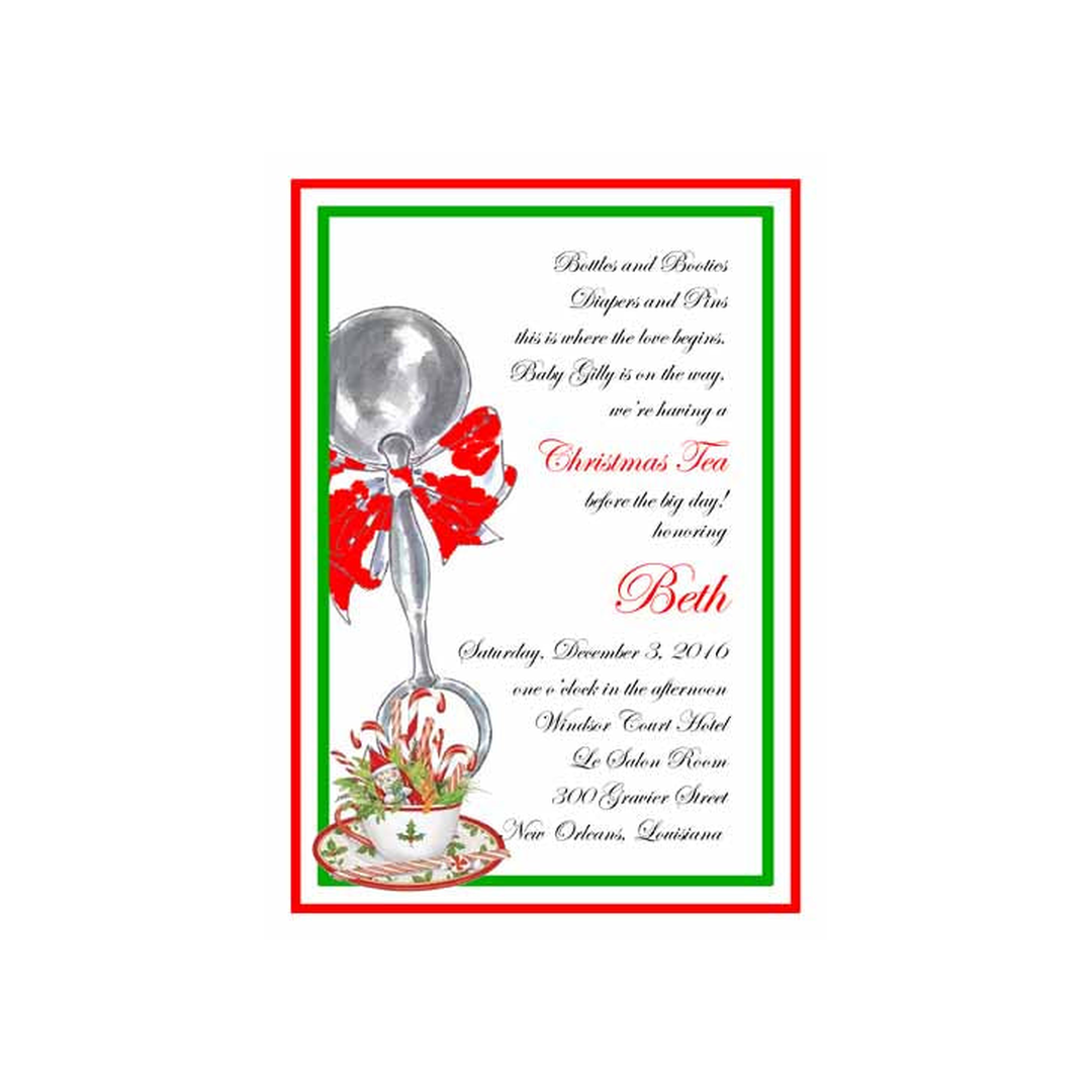 BABY RATTLE AND CHRISTMAS TEA CUSTOM INVITATION
