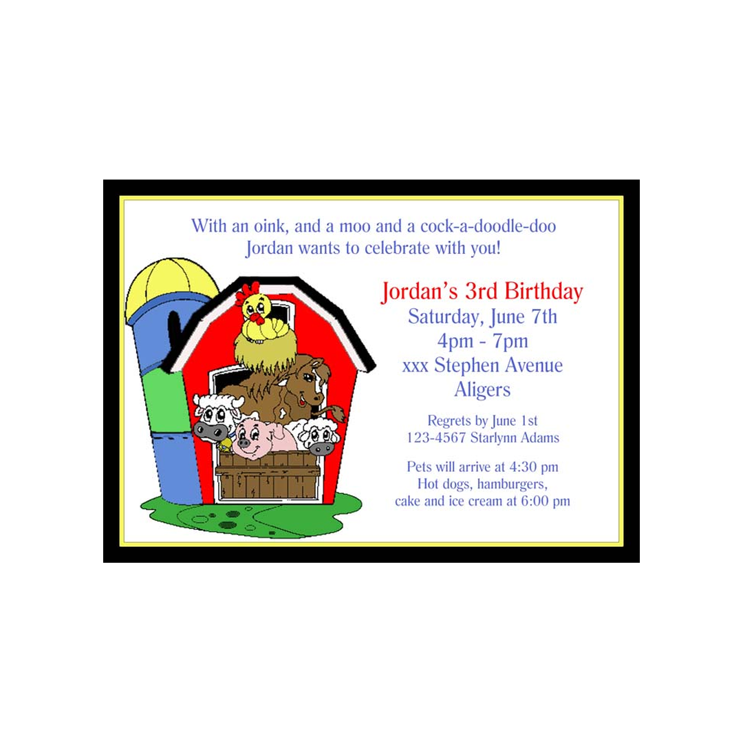 BARN OF ANIMALS CUSTOM INVITATION