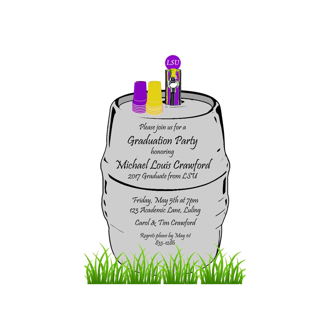 BEER KEG IN SCHOOL COLORS CUSTOM INVITATION