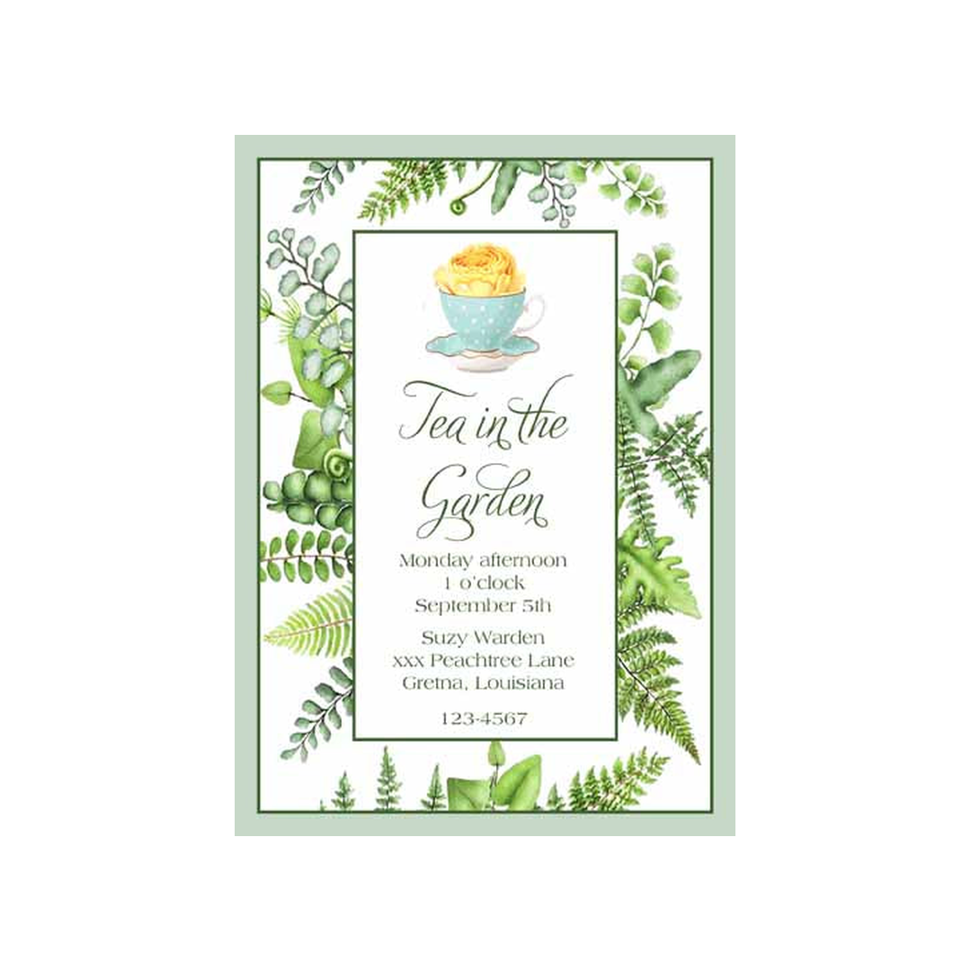 FERN GREENERY AND TEA CUP CUSTOM INVITATION