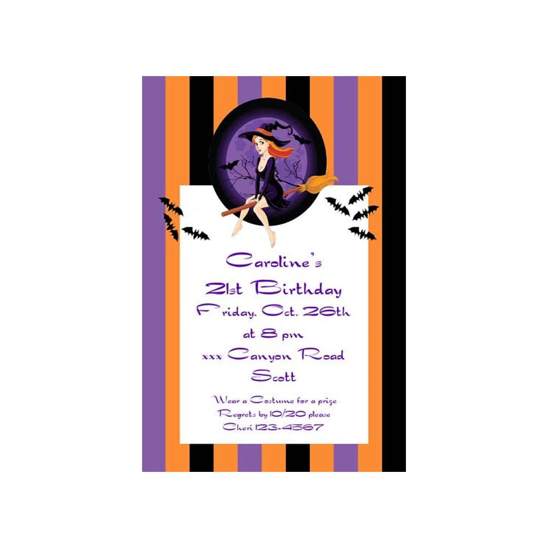GIRL WITCH FLYING ON BROOM CUSTOM INVITATION