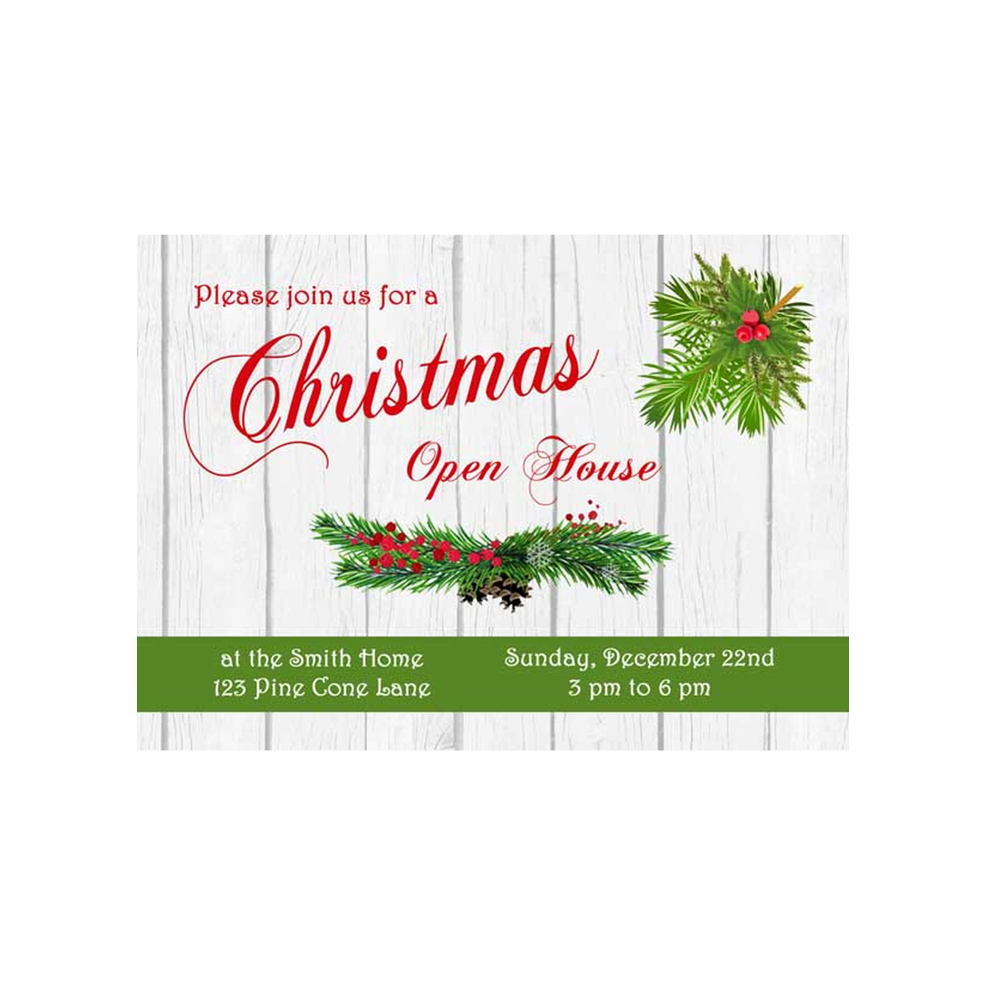 HOLLY, PINE AND BARN WOOD BACKGROUND CUSTOM INVITATION
