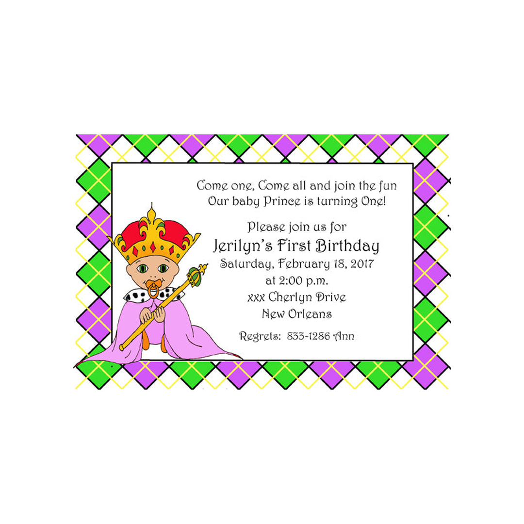 MARDI GRAS ARGYLE PRINCE-PRINCESS BABY CUSTOM INVITATION