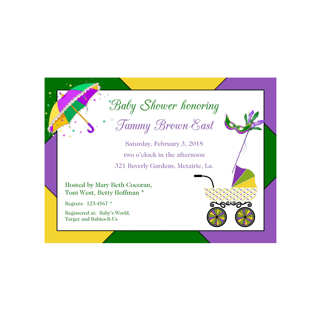 MARDI GRAS BABY BUGGY CUSTOM INVITATION