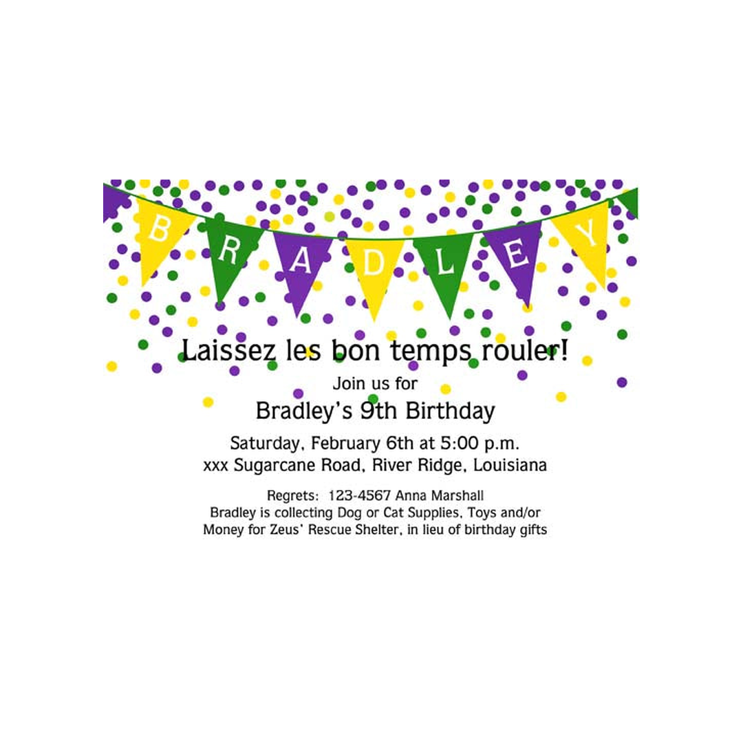 MARDI GRAS BANNER OF FLAGS AND CONFETTI CUSTOM INVITATION