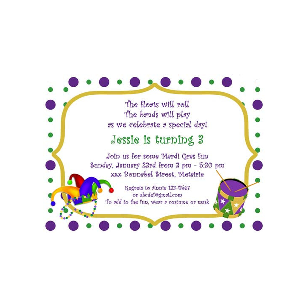 MARDI GRAS JESTER HAT, DRUM WITH DOTS CUSTOM INVITATION