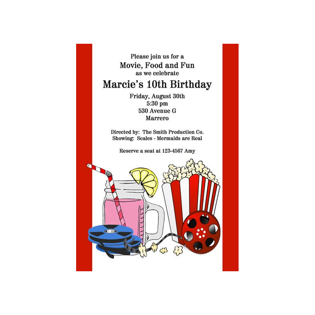 MOVIE REEL AND POPCORN CUSTOM INVITATION