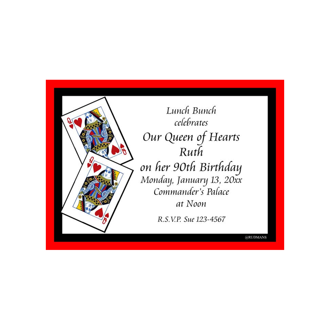 PLAYING CARDS QUEEN OF HEARTS CUSTOM INVITATION