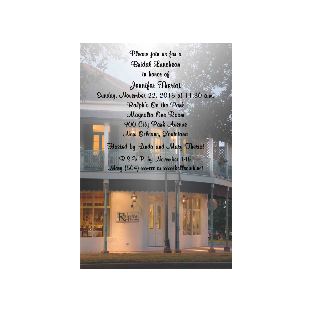 RALPH'S ON THE PARK RESTAURANT AT NIGHT CUSTOM INVITATION