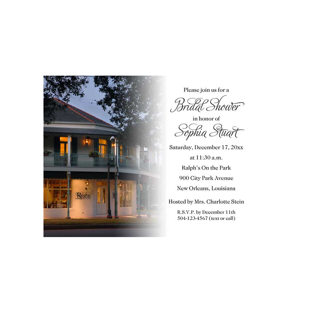 RALPH'S ON THE PARK RESTAURANT AT NIGHT HORIZONTAL CUSTOM INVITATION