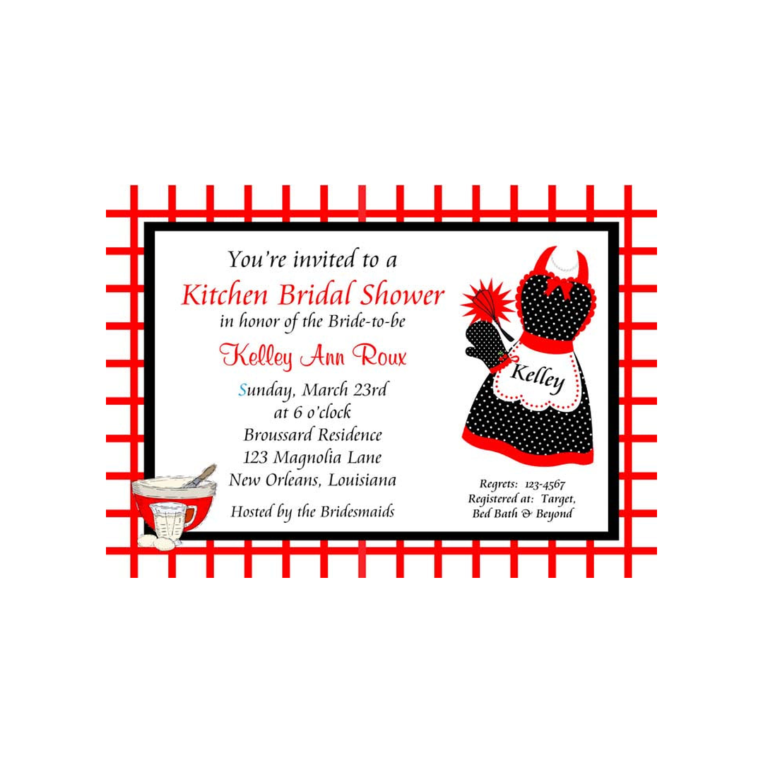 RED AND BLACK APRON AND KITCHEN SHOWER CUSTOM INVITATION