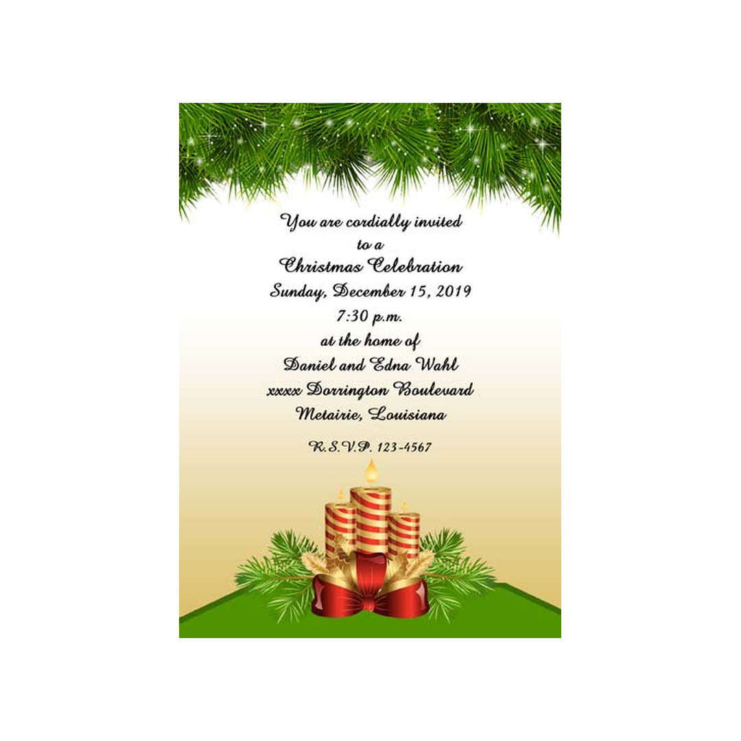RED AND GOLD CANDLES AND PINE CUSTOM INVITATION