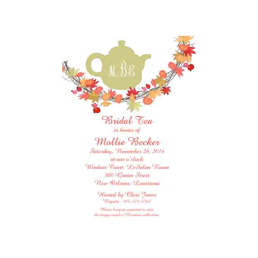 SILHOUETTE TEA POT AND FALL GARLAND WREATH CUSTOM INVITATION
