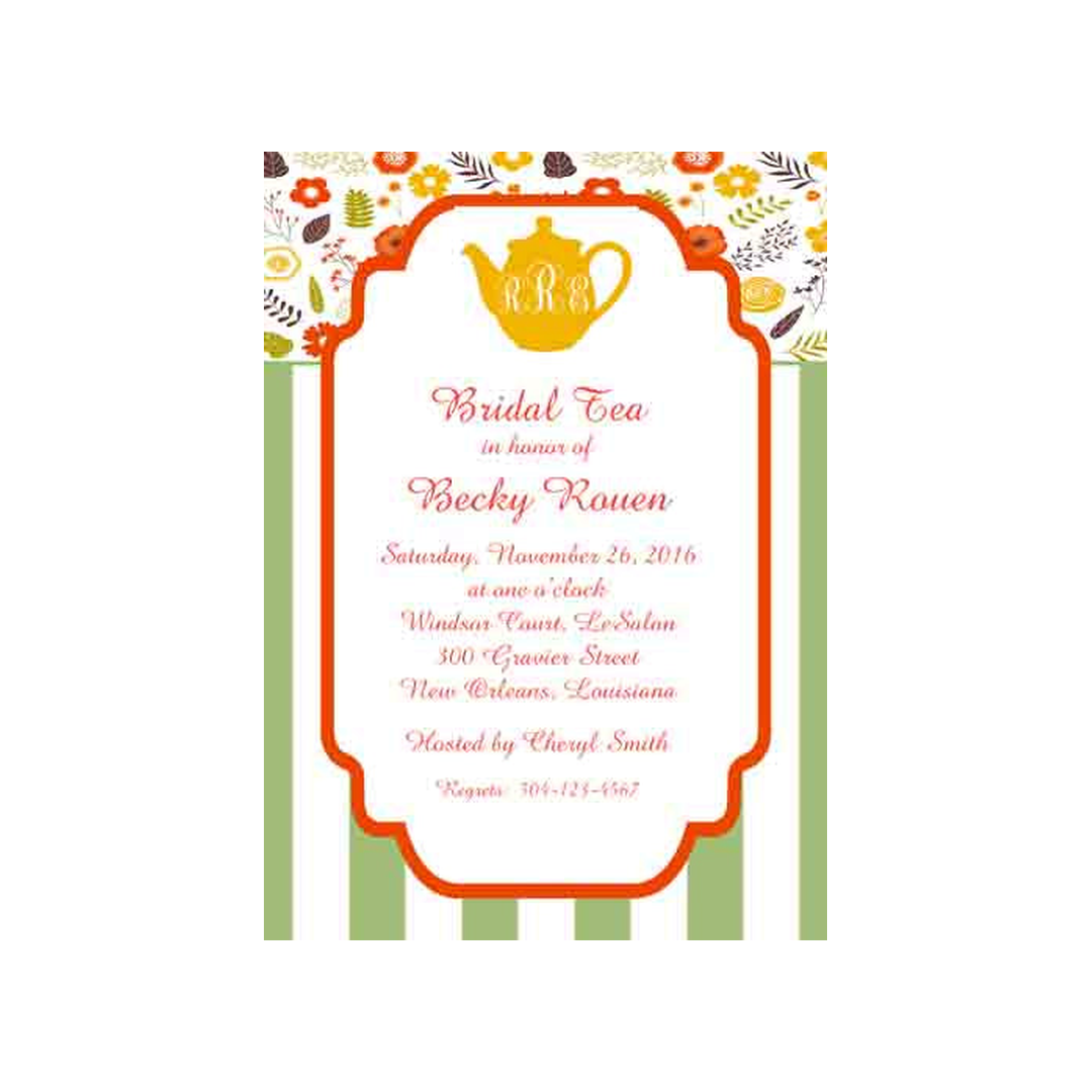 SILHOUETTE TEA POT, FALL FLOWERS AND STRIPES CUSTOM INVITATION