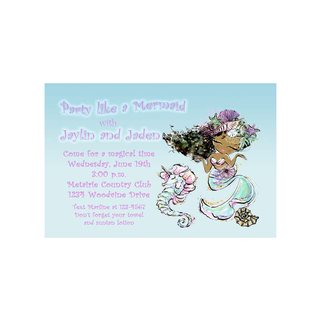 WATERCOLOR AFRO-AMERICAN MERMAID CUSTOM INVITATION