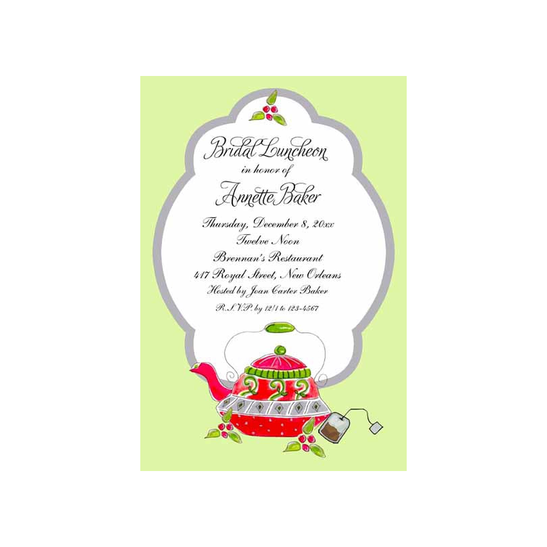 WHIMSICAL HOLLY TEAPOT CUSTOM INVITATION
