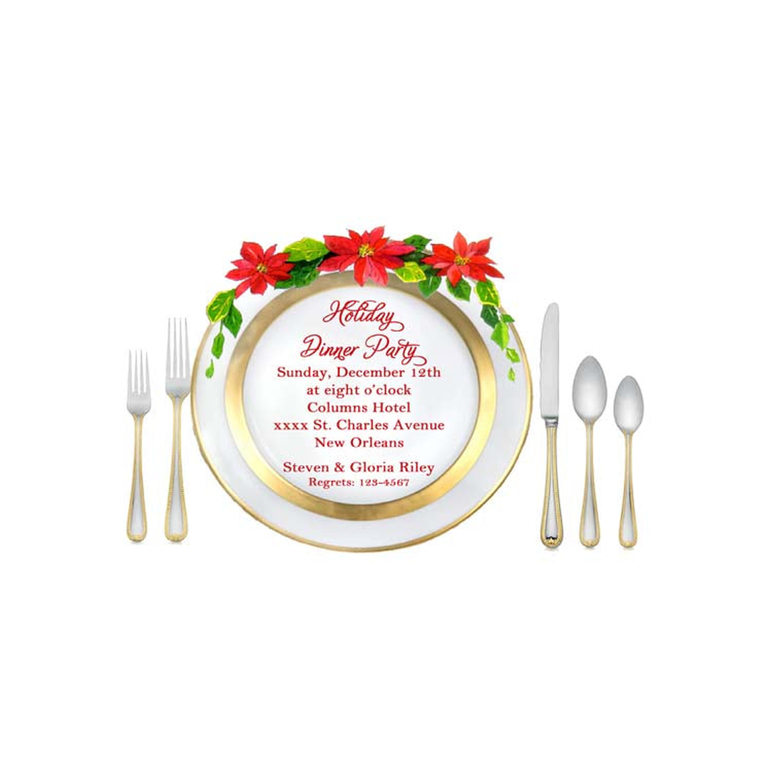WHITE GOLD DINNER PLATE AND POINSETTIAS CUSTOM INVITATION