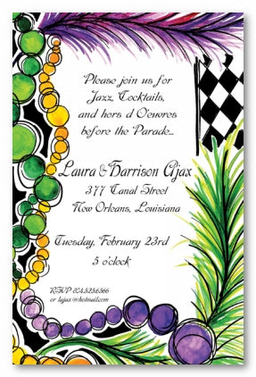 MARDI GRAS BEADS & FEATHERS - BLANK STOCK INVITATION