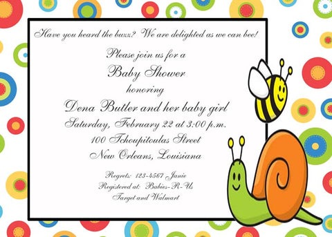 CUTE SNAIL AND BEE WITH DOTS CUSTOM INVITATION
