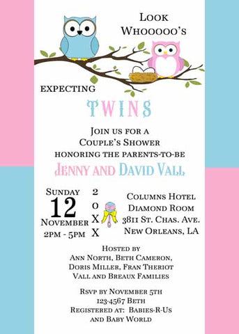 PINK AND BLUE OWLS CUSTOM INVITATION