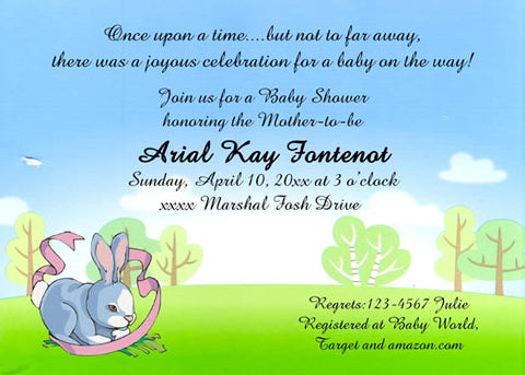 GREY BUNNY WITH RIBBON CUSTOM INVITATION