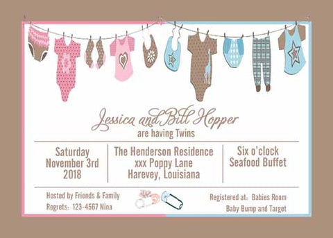 CLOTHES ON A LINE FOR TWINS CUSTOM INVITATION