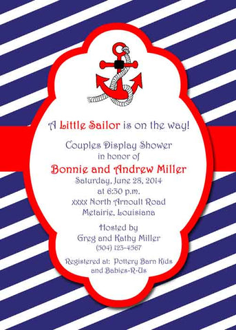RED ANCHOR BLUE AND WHITE STRIPES CUSTOM INVITATION