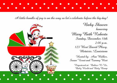 BABY SNOWMAN, BUGGY AND CHRISTMAS TREE CUSTOM INVITATION
