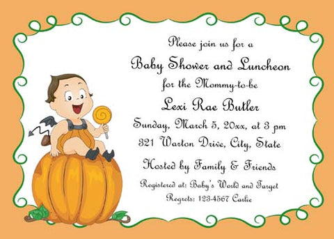 BABY IN COSTUME ON PUMPKIN CUSTOM INVITATION