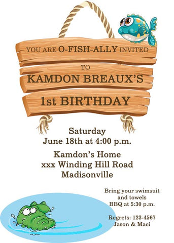 WOODEN SIGN, FISH AND ALLIGATOR CUSTOM INVITATION
