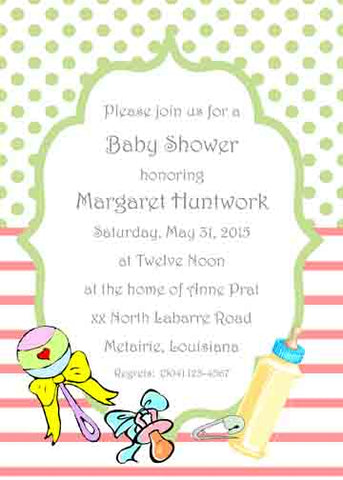RATTLE, PACIFIER, BOTTLE AND DIAPER PIN CUSTOM INVITATION