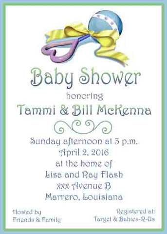 LARGE BLUE BABY RATTLE CUSTOM INVITATION