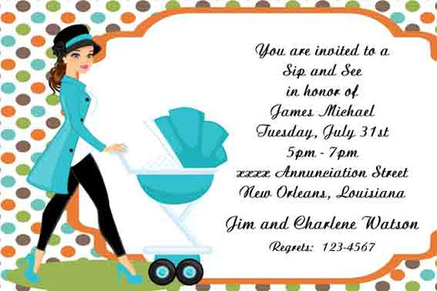 MOMMY PUSHING BABY CARRIAGE CUSTOM INVITATION