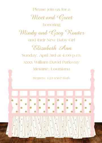 BABY BED GOLD AND PINK CUSTOM INVITATION