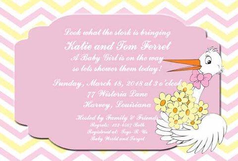 STORK WITH FLOWERS CUSTOM INVITATION