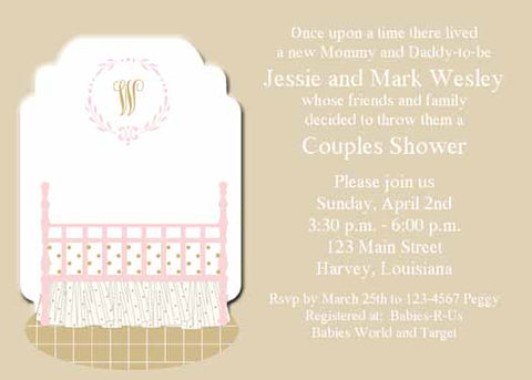 GIRL'S BABY BED WITH MONOGRAM CUSTOM INVITATION