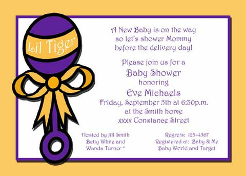 PURPLE AND GOLD BABY RATTLE CUSTOM INVITATION