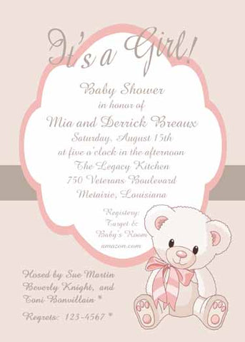 PINK TEDDY BEAR CUSTOM INVITATION