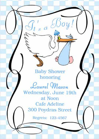 STORK, BABY AND SWIRLS CUSTOM INVITATION