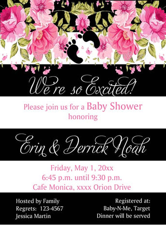 FOOTPRINTS WITH PINK FLOWERS AND BOLD STRIPES CUSTOM INVITATION