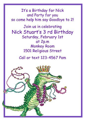 ALLIGATOR WITH MARDI GRAS BEADS CUSTOM INVITATION