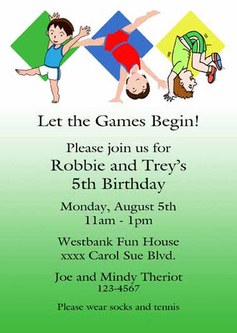 BOYS IN GYMNASTIC TUMBLES CUSTOM INVITATION