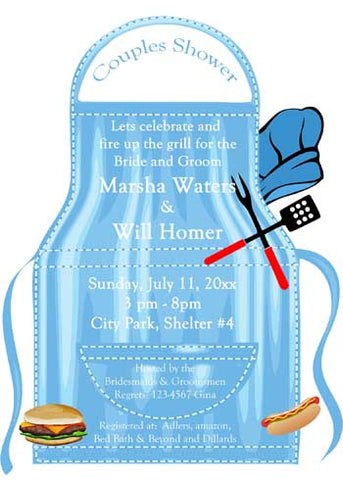 BLUE BBQ APRON AND UTENSILS CUSTOM INVITATION