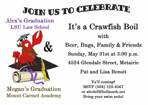 CRAWFISH ON CAP GRADUATION CUSTOM INVITATION