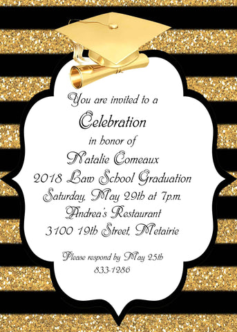 GOLD CAP AND STRIPES GRADUATION CUSTOM INVITATION