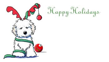 WHITE DOG WRAPPED IN RIBBON PERSONALIZED GIFT OR CALLING CARDS