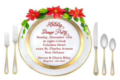 WHITE GOLD DINNER PLATE AND POINSETTIAS CUSTOM INVITATION