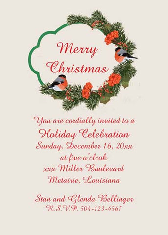 CHRISTMAS BIRD IN A WREATH CUSTOM INVITATION