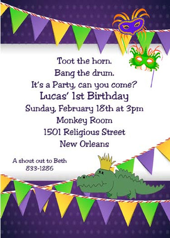 ALLIGATOR AND MARDI GRAS BANNER FLAGS CUSTOM INVITATION