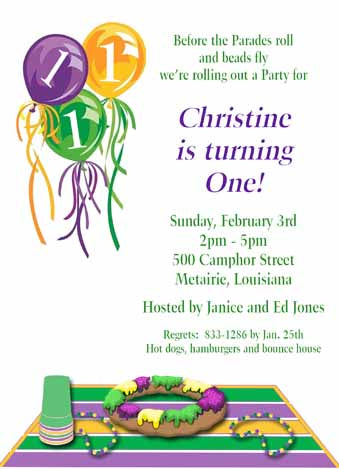 BALLOONS AND KING CAKE CUSTOM INVITATION